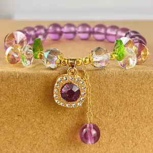 Crystal Bracelet for Anxiety Natural Amethyst Purple Stone Bead Waterproof Chunky Gold-Plated Charm Necklace Bracelet Celestial Diamond Healing Crystal Bracelet for Energy Balance and Wellness Heart