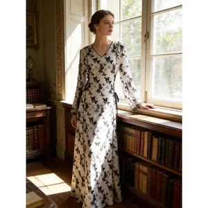 Ethereal Butterfly Print Maxi Dress Elegant V-Neck Long Sleeve Gown | Lace Trim Cuffs | S-XL | Perfect for Garden Parties, Fairy-core Photo Shoots & Romantic Dates