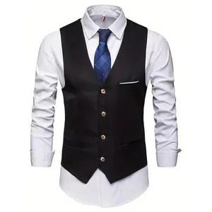 [Single Breasted Smart Suit Vest] V Neck Smart Suit Vest, Men's Casual Retro Style Solid Color Single Breasted Waistcoat For Dinner Suit Match