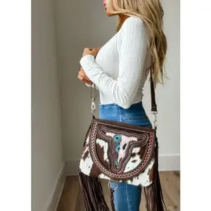 Crossbody Steer Longhorn Cowhide Purse Bag with Fringe and Turquoise Accents for Women Genuine Cowhide Western Style Handbag