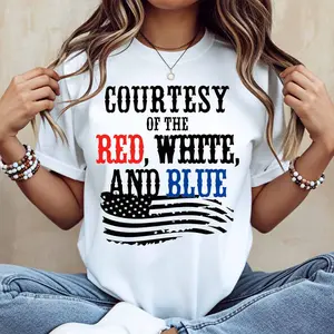 Courtesy Of The Red White And Blue American Flag Print T Shirt White Casual Loose Fit For Everyday Wear And Outdoor Activities