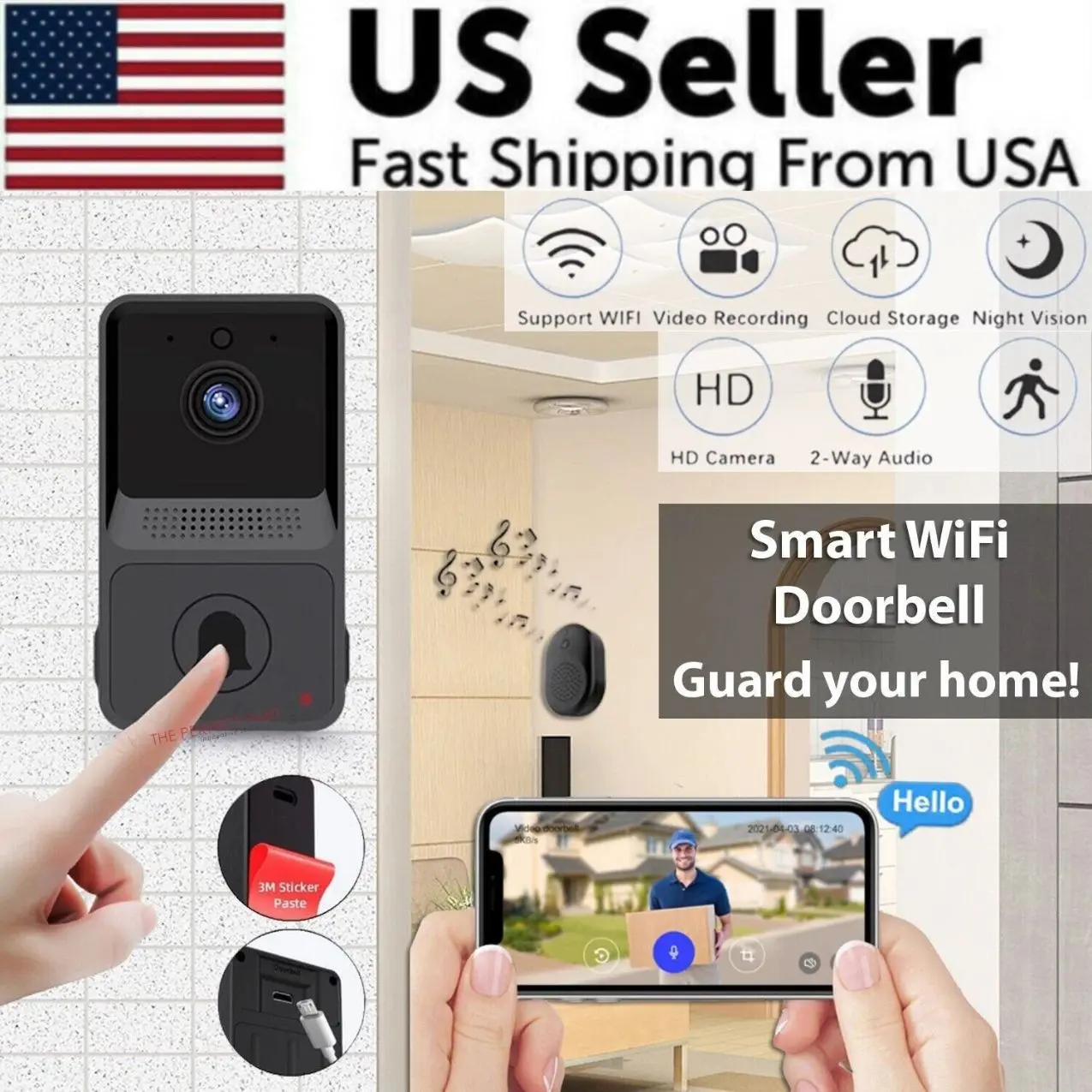 Wireless WiFi Video Doorbell with Chime Two Way Audio Night Vision and 800 mAh Battery