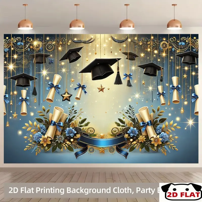 Polyester 2D Flat Graduation Celebration Backdrop Kit - Lightweight, Wrinkle-Resistant, Hanging Design with Golden Tassels, Graduation Caps, Stars, Blue Ribbon - Aesthetic Wall Decor for Photo Booths, Birthday Party