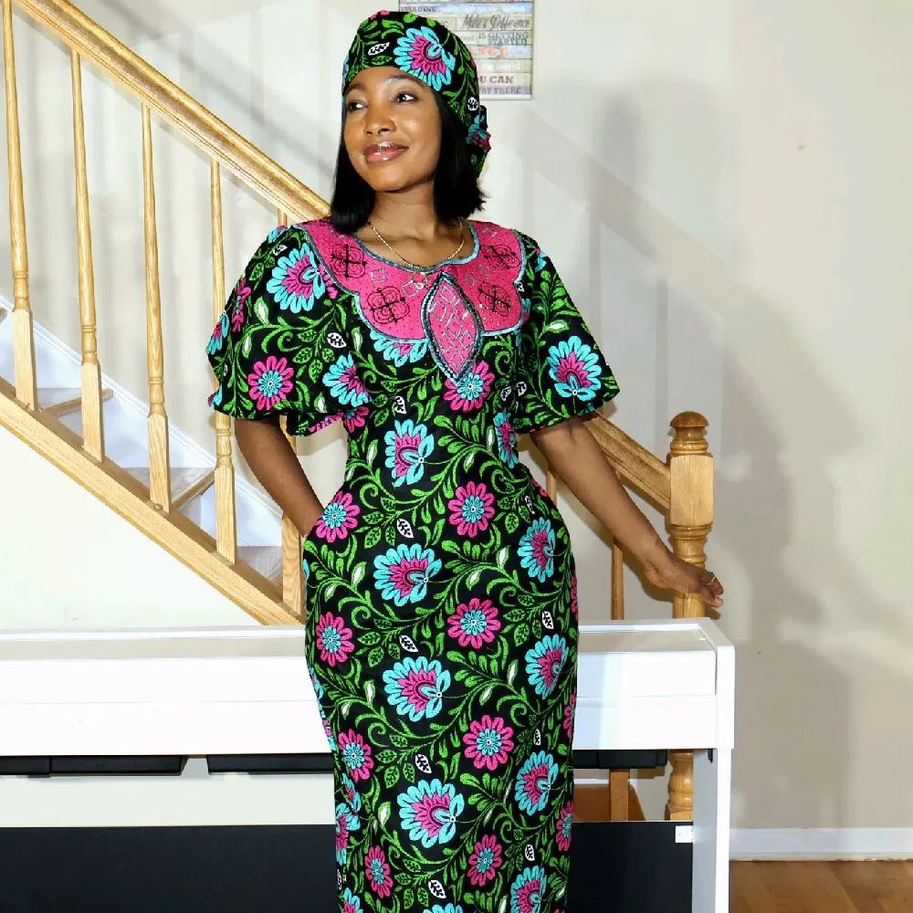 Elegant Ankara Maxi Dress with Matching Headwrap - African Asoebi Outfit for Special Occasions Womenswear Floral