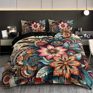 Boho Mandala Floral Bedding Set, High-Definition Print, Includes 1 Fitted Sheet & 2 Pillowcases, Home Dorm Room Decor