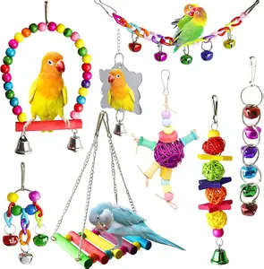 8 Pcs Parakeet Cockatiel Bird Toys, Parrots Cage Accessories Swing Wooden Perch Chewing Toy for Budgerigar, Conures, Love Birds, Finches, Budgies