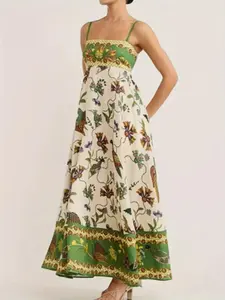 Women's All Over Landscape Print Shirred Cami Dress, Boho Fashion Dress, Casual Boho Palm Tree & Marine Life Graphic Sleeveless Spaghetti Strap Long Dress for Beach Holiday Vacation, Ladies Clothes for All Seasons