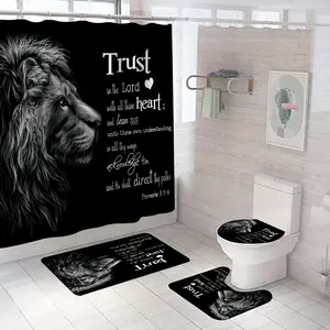 4pcs Lion of Judah Bible Verse Shower Curtain Set with Non-Slip Bath Rug, U-Shaped Toilet Mat & Lid Cover - High Quality Christian Faith Bathroom Decor, Hebrews 13:5 Psalm 23:1 Inspired Lion Print Accessories Kit, Shower Curtain For Bathroo