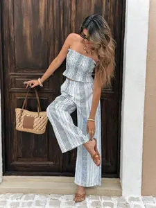 Summer 2-Piece Set, Women's Holiday Striped Crop Top and Long Pants, Summer Vacation Wear, Stylish, Chic and Comfortable, Fashion, Womenswear