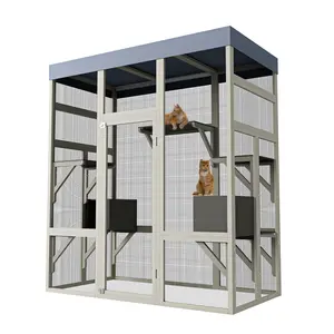 70-Inch Large Catio Enclosure, Weatherproof UV-Protected Roof, Wooden Frame & Rust-Resistant Steel Mesh, Cat House with 2 Lounging Boxes & Platforms, for Patio or Backyard