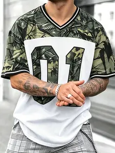 American Vintage Camouflage Patchwork V-Neck Short Sleeve Jersey, Breathable Mesh Loose Fit, Streetwear Design for Basketball, Daily Wear, Outdoor, Casual Events