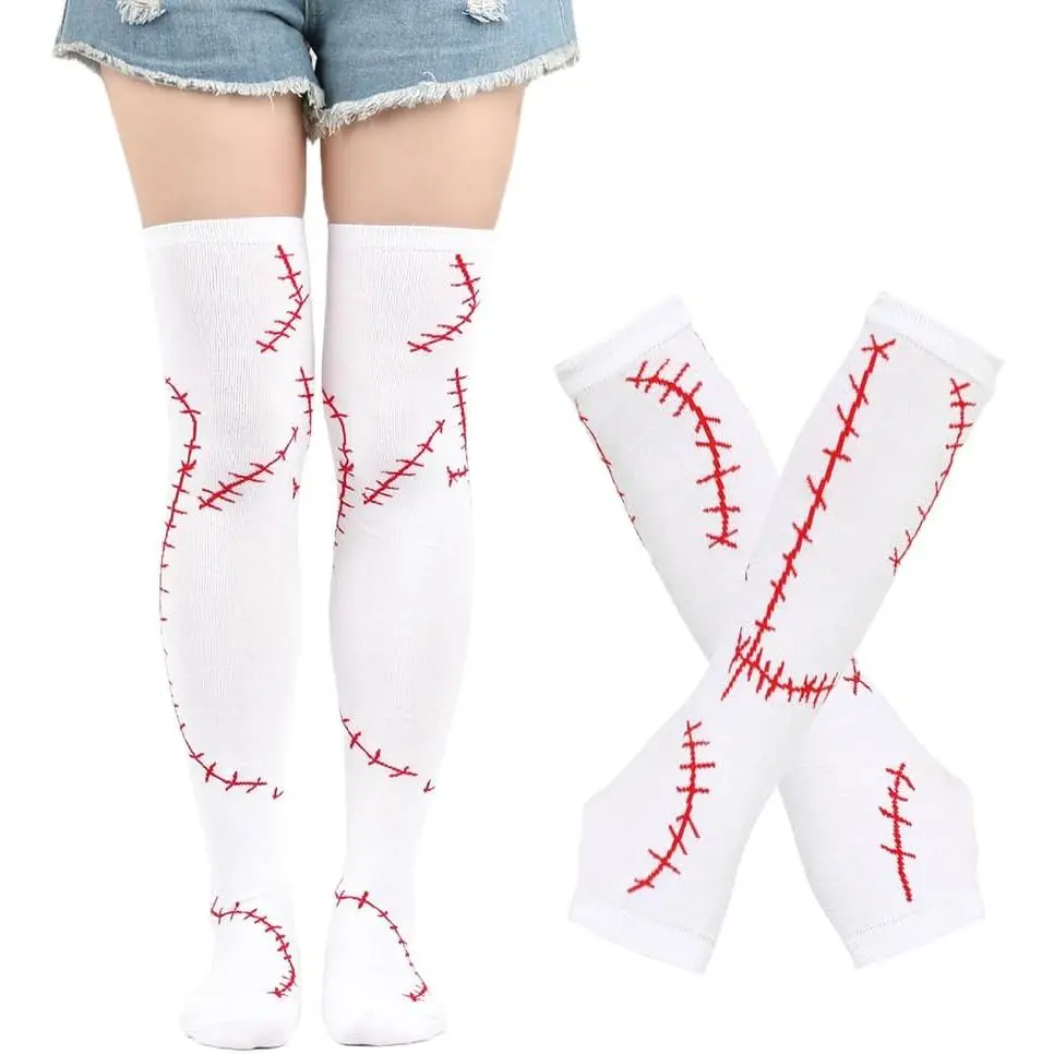 Women's Cute Polyester Role Play Cosplay Accessories Set - Rainbow Striped Knee High Socks, Leg-Arm Warmers, Fingerless Gloves for Warmth in Cold Weather, Birthday, Party (Sports & Outdoor Socks)