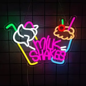 Milk Shakes Neon Sign, Neon Lights Hanging Wall Art Decoration for Food Drink Ice Cream Shop Frozen Yogurt Bar Bubble Tea Store, USB Powered