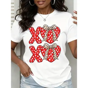 Valentine XOXO Hearts Bow Print T-Shirt Women Casual Valentine Day Shirt Red Love Pattern Top