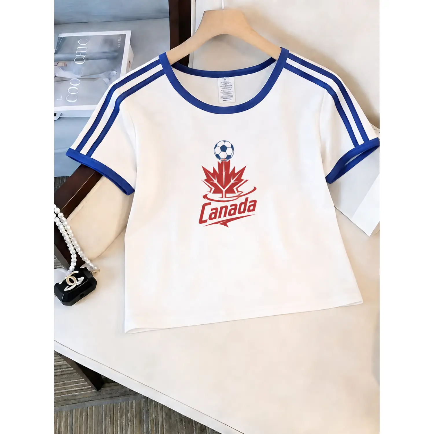 Canada Graphic Women's White and Blue Short Sleeve Soccer Jersey
