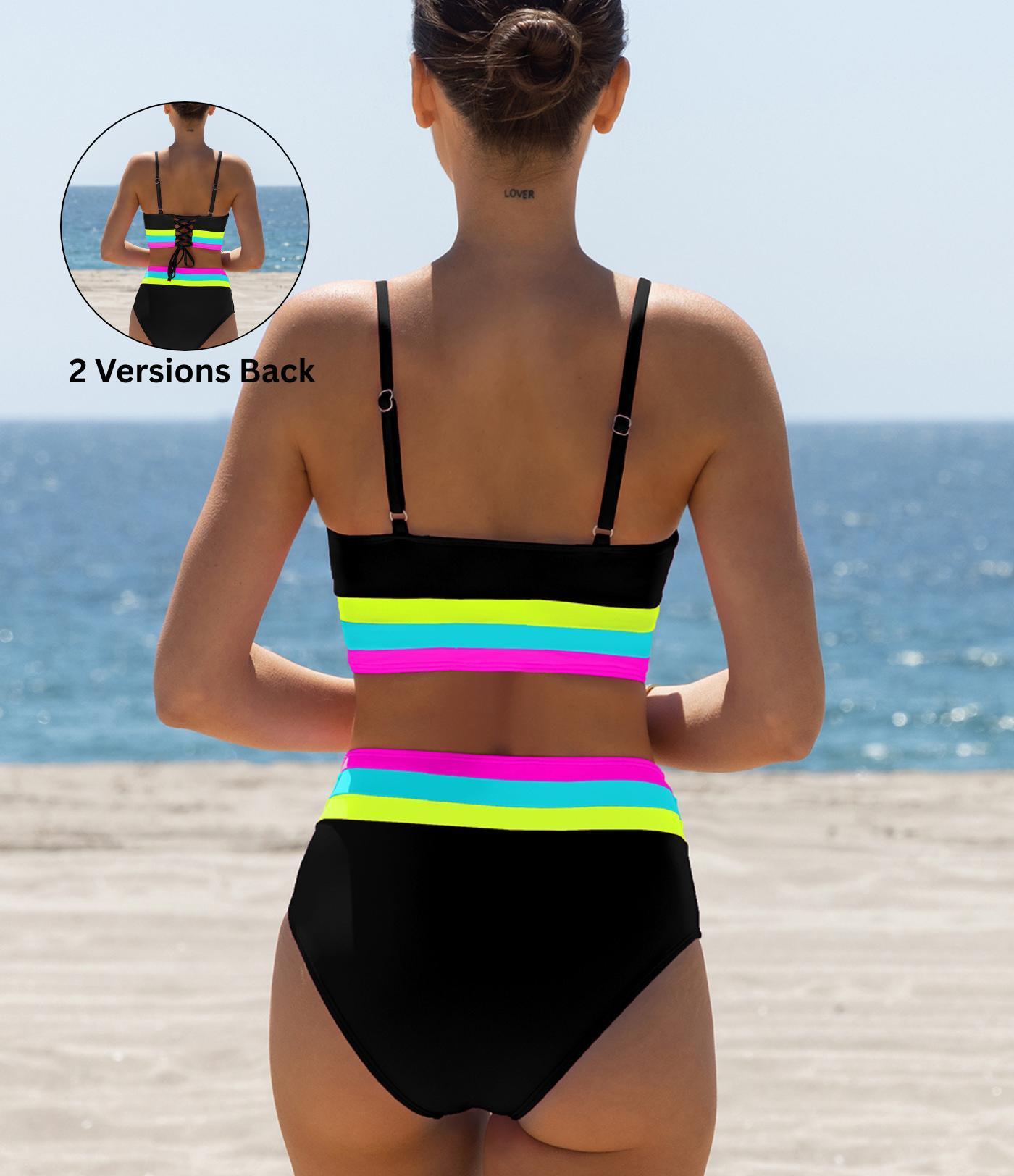 Beachball Kayaking 3 Piece Bikini Sets,Tummy Control & High Waisted Swimsuit with Adjustable Wide Shoulder Straps, Neon Color Sporty Swimsuit