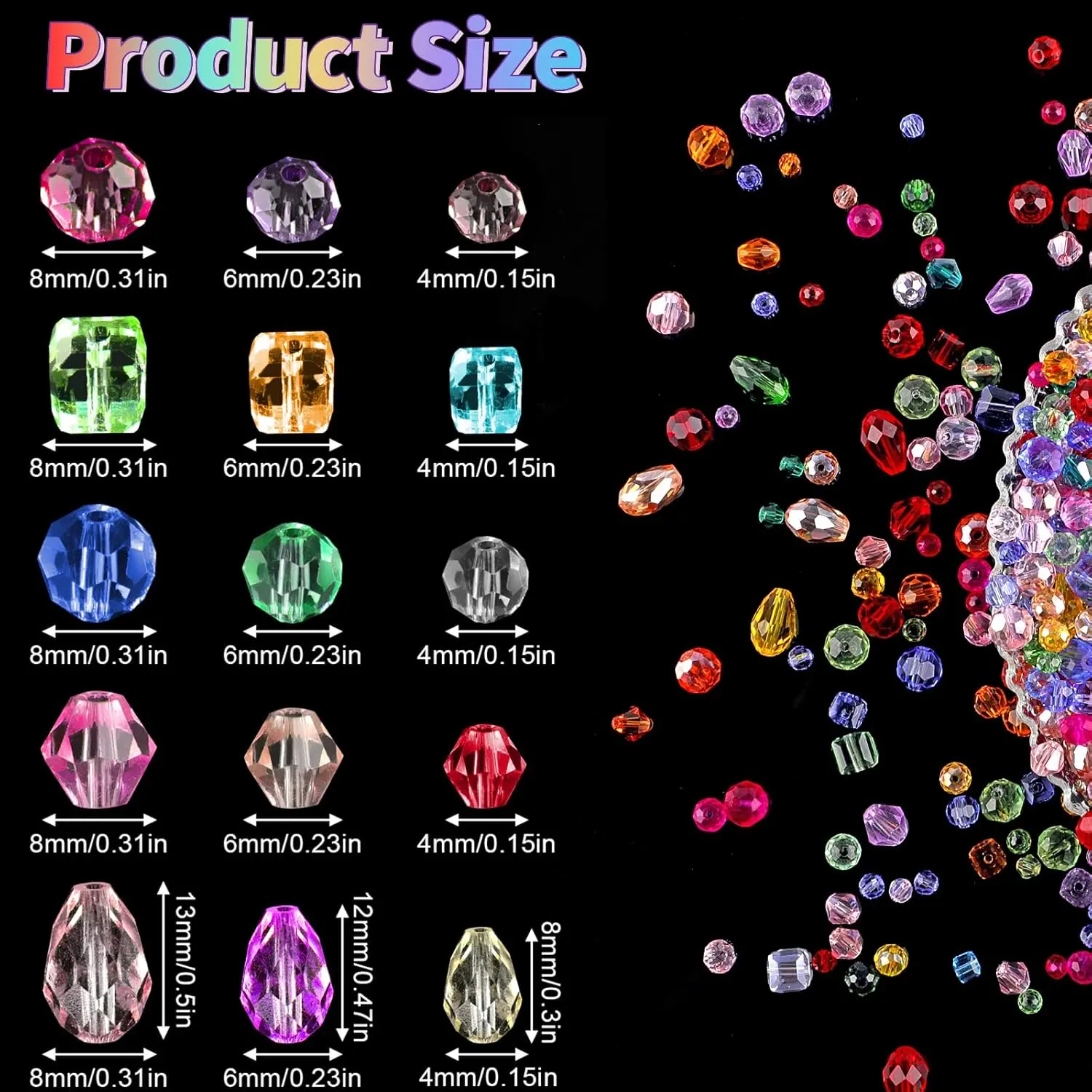 Beads for Threading, 1000 Pieces Faceted Glass Beads, Glitter Beads for Bracelets for Crafts Jewellery Making, DIY Necklaces, Earrings (4/6/8 mm, Mixed Colour)