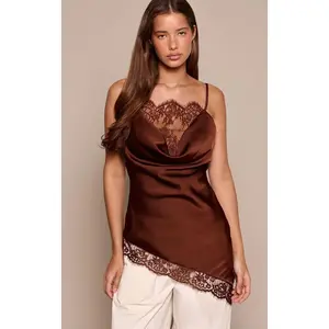 Lace Trim Satin Cowl Asymmetric Top