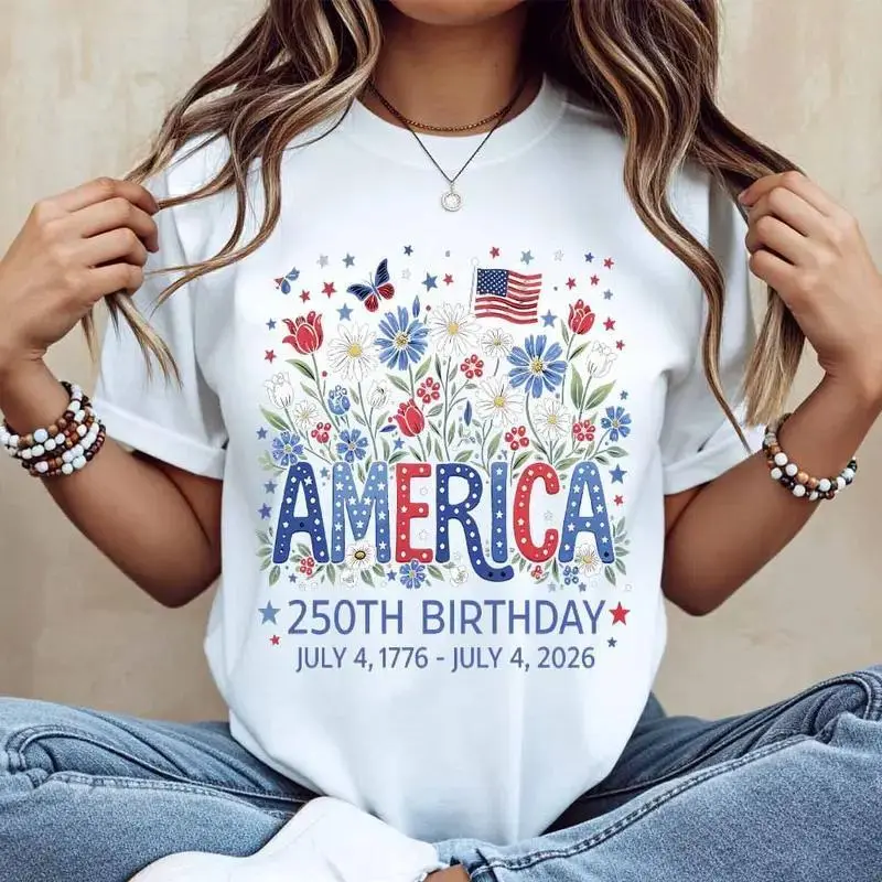 Men's Seamless Cotton Round Neck Short-Sleeve Top - White, Loose-Fit, Solid Floral Graphics, 1776-2026 July 4 Birthday Theme Print, Smooth Soft Foldable Fabric, Casual Wear for Everyday & Outdoor Activities