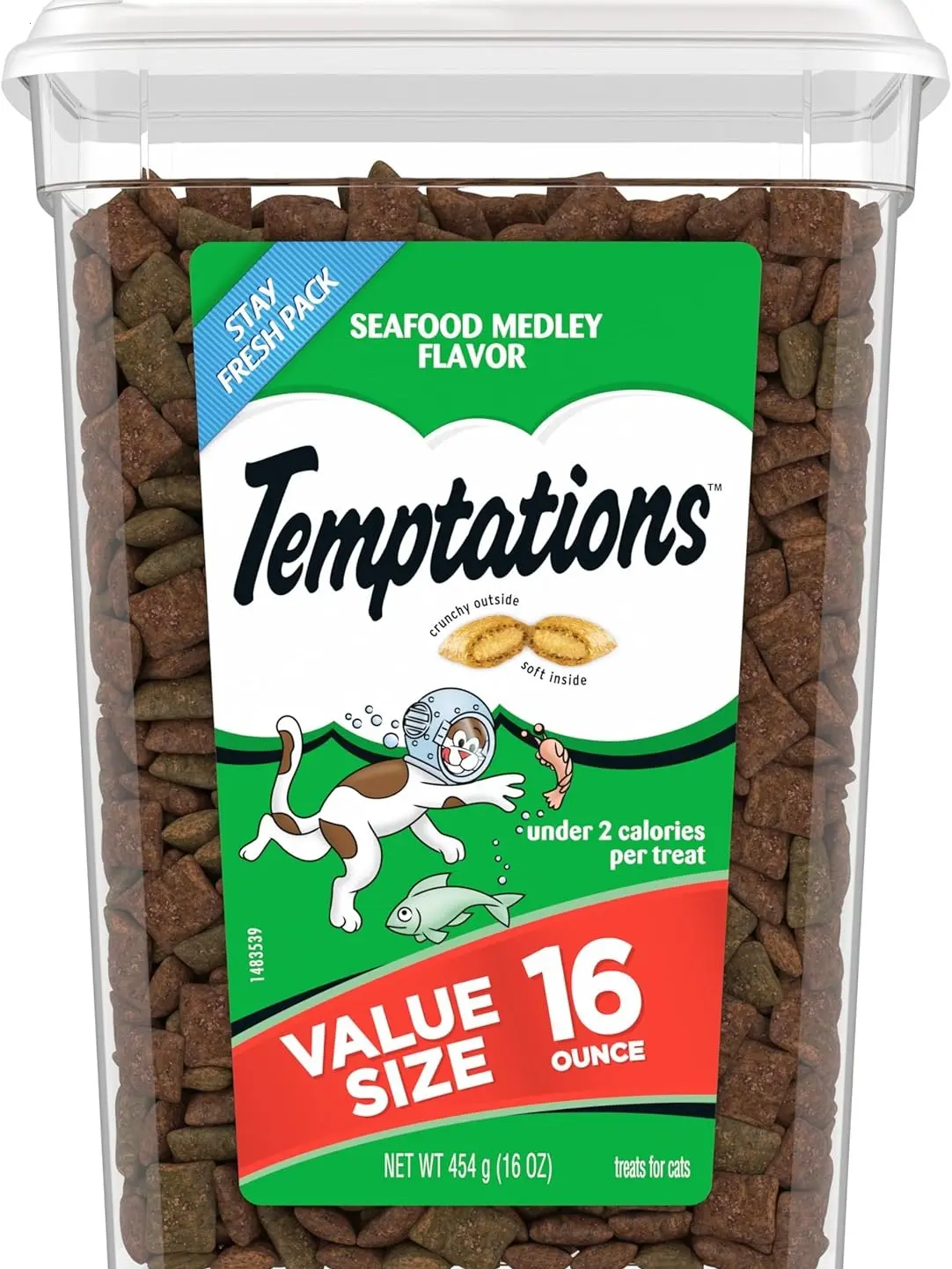 TEMPTATIONS Classic Crunchy and Soft Cat Treats – Seafood Medley Flavor, 16 oz Tub