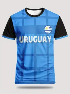 Uruguay Football Jersey, Blue- Checkered Design, Uruguay Print, National Badge, Breathable Quick-Dry Fabric, Sporty Fitted Crop Top