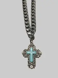 Elegant Turquoise Cross Necklace with Chunky 3.0 Silver-Plated Cuban Chain Simulated Turquoise Stones 1.6 x 1.3 Inches Western Wear Fashionista Jewelry for Unique Eye-Catching Outfits