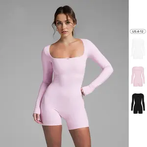 Women's Workout Solid Color Lace Square Neck Long Sleeve Seamless Bodysuit, Minimalist Slim-Fitting Tummy Control Stretch Shapewear