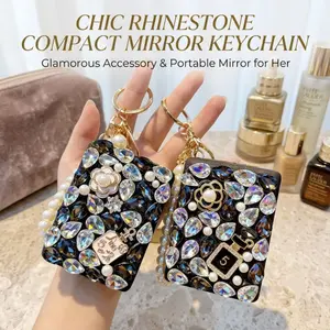 Sparkly Rhinestone Compact Mirror Keychain, Bling Purse Charm & Makeup Travel Accessory, Cute Party Favors, Aesthetic Birthday Gift for Women Girls, 1PC