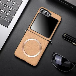Applicable to Samsung zflip7 mobile phone case, new center axis protection flip6 with magnetic charging zfilp5 hinge all-inclusive filp7fe lanyard hole Flip ultra-thin zf anti-drop W24 plain leather hard case Z Cover