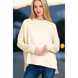 Zenana Textured Line Raw Edge Boat Neck Long Sleeve Top