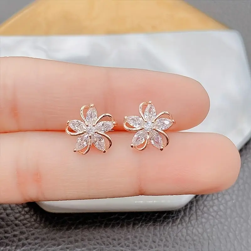 A Captivating Design Of Copper Flowers Combined With Zirconia Inlaid Earrings, Shining Petal Earrings