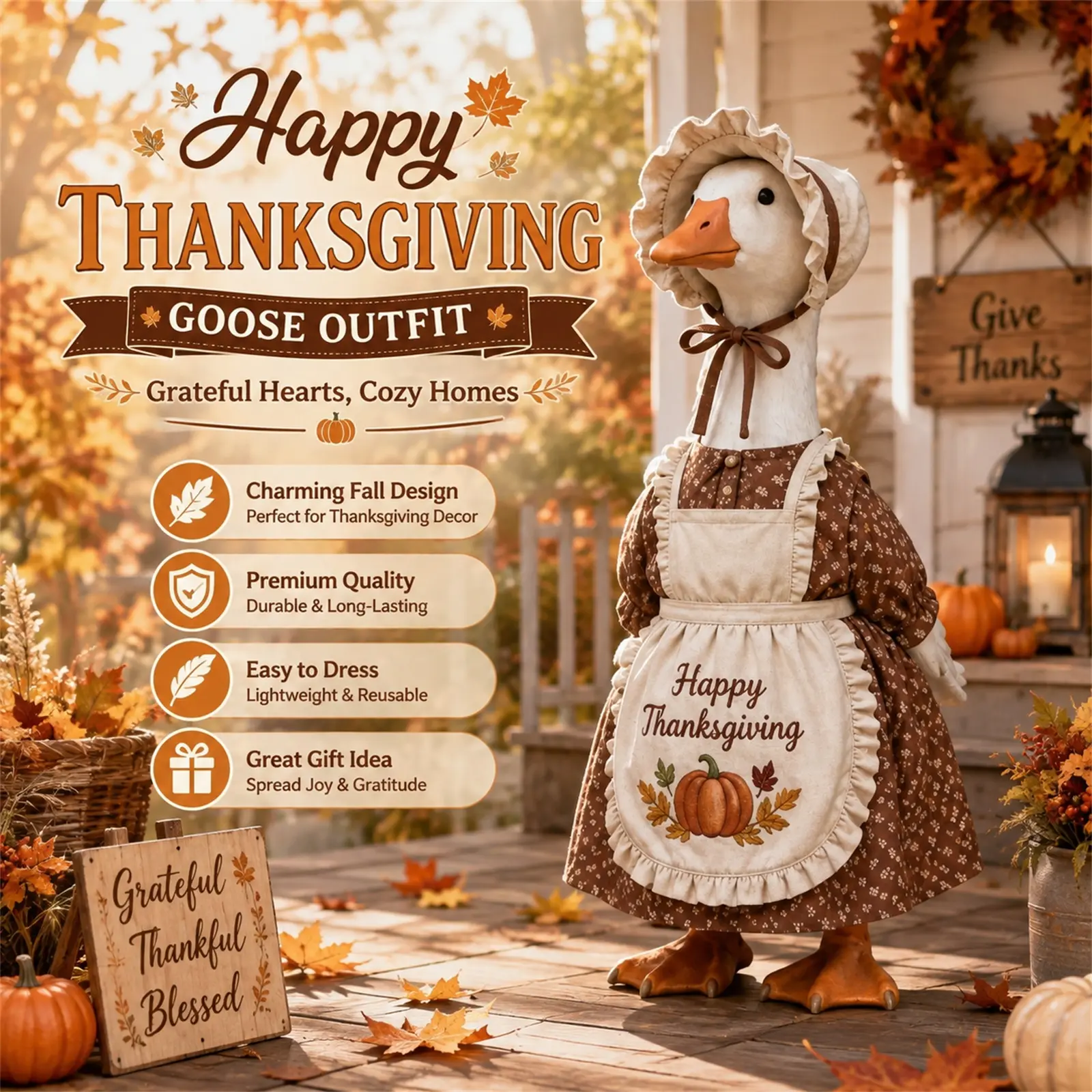 Thanksgiving Porch Goose Outfit Pumpkin Print Floral Fake Two-piece Dress Ruffled Hat Set for 23" Lawn Cement Plastic Goose