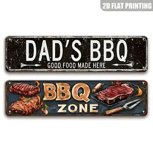 2D Flat, 2-Piece Dad's BBQ Metal Signs - 4x16 Inch, Rustic Black Aluminum Wall Art with White Text, Decorative Plaque, Perfect for Home, Garage or Porch Decoration, Ideal Gift for Men, BBQ Decor