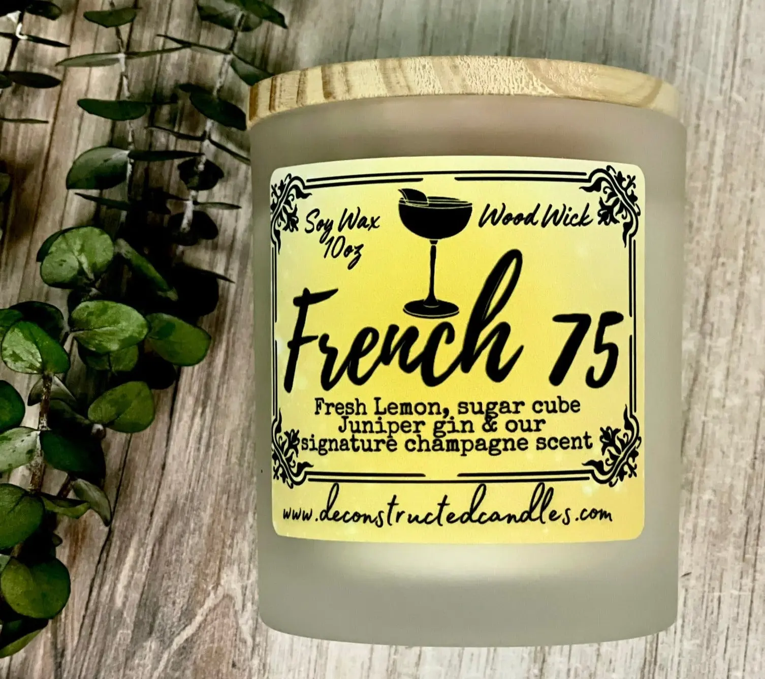 French 75 scented candle soy wax wood wick cocktail inspired candle scents by an expert lemon juniper and our signature champagne scent