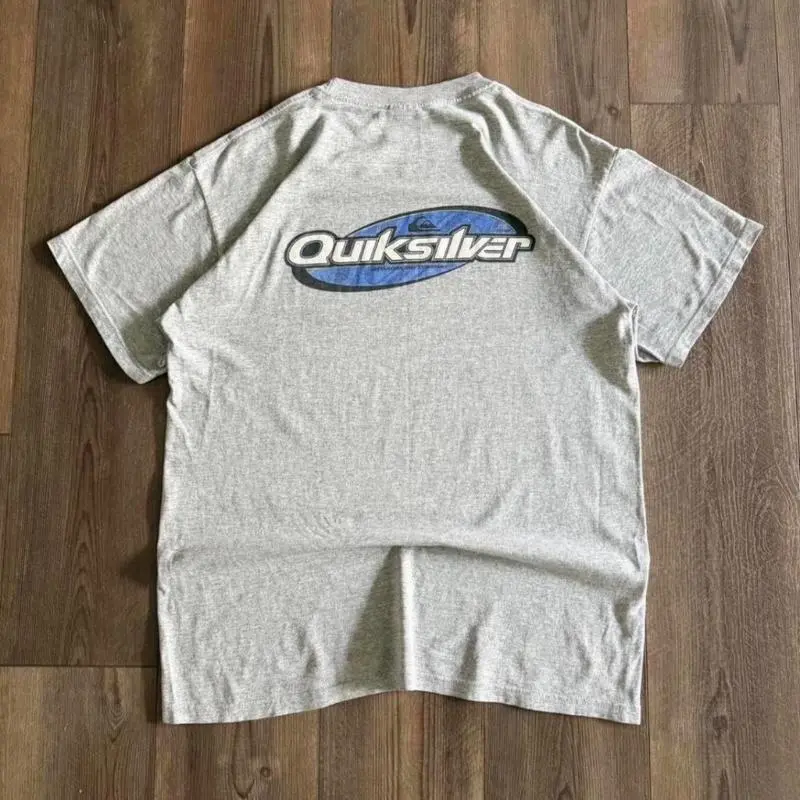 Vintage Quiksilver Surfer Tshirt in Ash Grey with Blue Accents, Unisex Crewneck Shirt for Men and Women