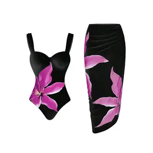 Women's Black & Purple Floral Underwire 1-Piece Bathing Suit with Ruched Sarong Set, Water-Resistant Vacation Swimwear, Sexy Style Swim Sets