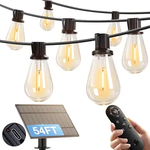 54FT(48FT+6) Solar String Lights Outdoor  with USB Port & Remote Control Solar Patio Lights for Outside Solar  with 16 LED Dimmable Bulbs for Porch Garden Deck Halloween