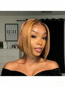 13x4 Transparent Lace Front Bob Wig Human Hair 4/27 Ombre Honey Blonde Highlight 180% Density Pre Plucked Natural Hairline for Festival Prom Campus Travel Pre Plucked Wigs