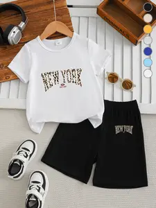 Summer Boys' T-Shirt Short Sleeve + Loose Shorts Set, New York Leopard Print, Ny Identifier, Est.1997 Decor, Casual Fashion