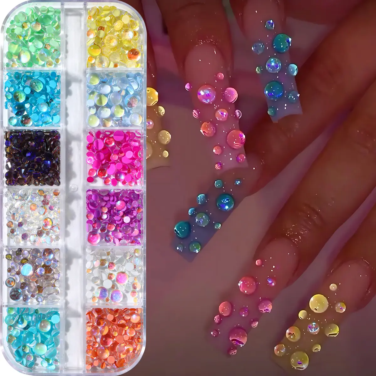 3D Aurora Bubble Beads Nail Charms, Mixed Size Iridescent Mermaid Flatback Rhinestones, Colorful Crystal Gems for Nail Art & DIY Crafts Decoration