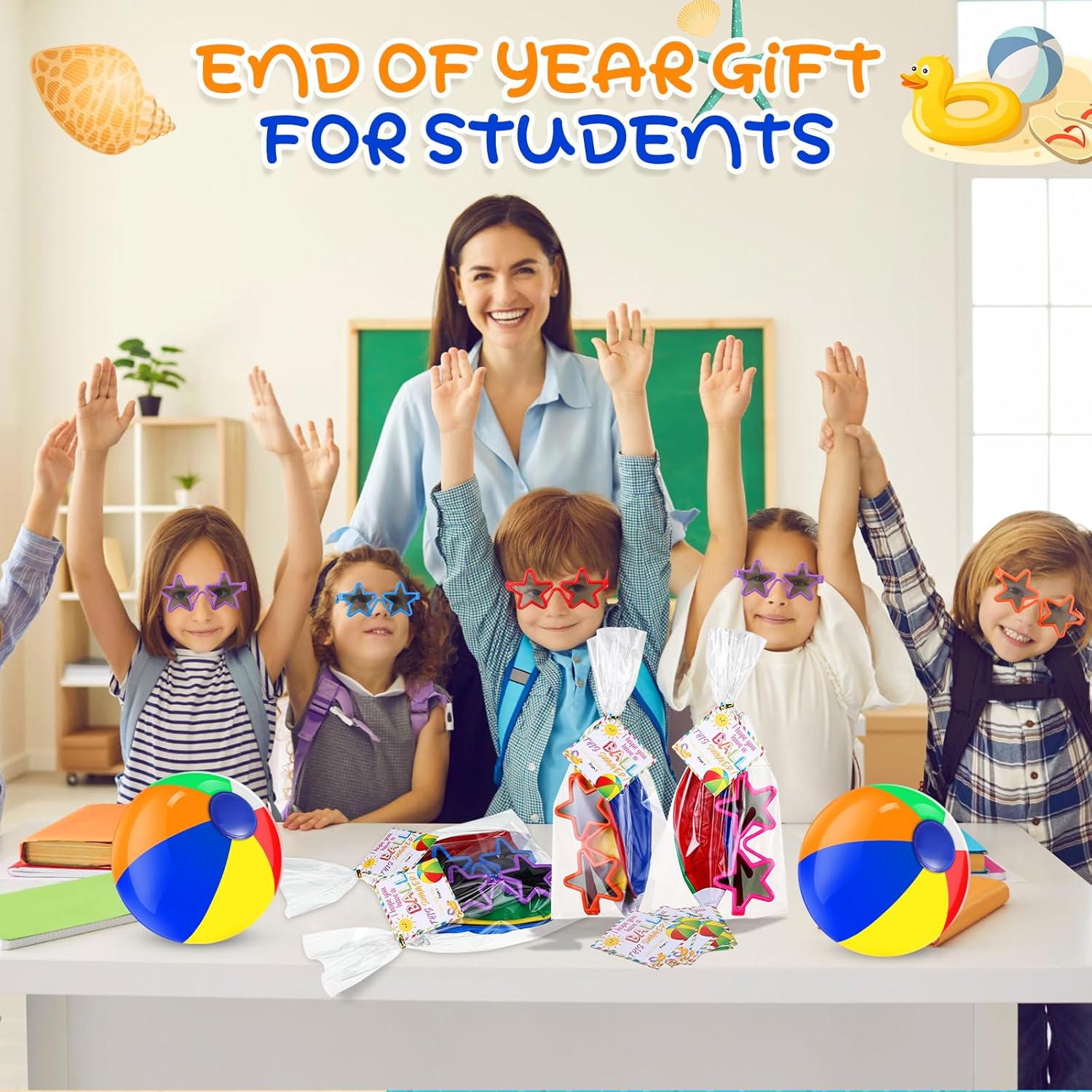 24 Set End of Year Student Gifts from Teacher Bulk Neon Star Shaped Sunglasses Beach Balls Goody Bags for Preschool Kindergarten Graduation