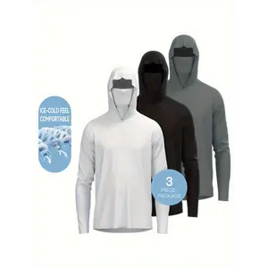 3 Pcs Men's Solid Sun Protection Hooded Shirt With Mask, Active Long Sleeve High Stretch Rash Guard For Fishing Hiking Outdoor
