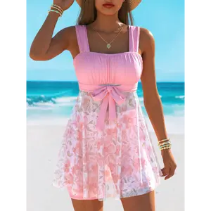 1pc Women'S Fashion Tankini Set, Floral Pattern, High Stretch Polyester Knit Fabric, Two-Piece Swimsuit with Boyshorts summer outfits