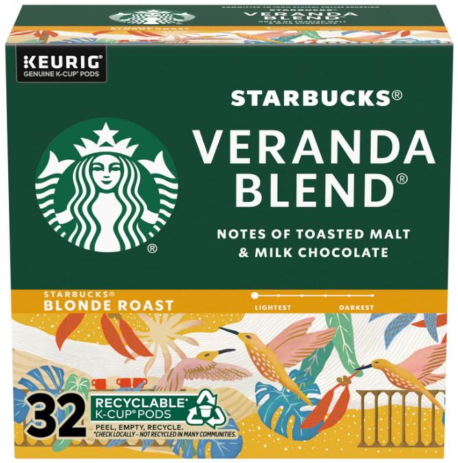Starbucks Blonde Roast Coffee, K-Cup Coffee Pods, Veranda Blend, 100% Arabica, 1 box 32 pods