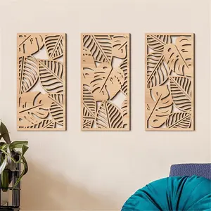 Bohemian Tropical Leaf Wooden Art Decor Set, Abstract Leaf Wall Decor, Modern Abstract Design, Living Room Decoration, Simple Palm Leaf Plant Wall Sculpture, Modern Home Decoration