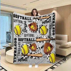 Vibrant Sports-Themed Flannel Blanket, Leopard Print Base, Softball Elements, Holiday Gift, Sofa Bed Throw, Outdoor Multi-Purpose, Soft Fluffy Blanket