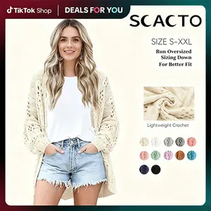 Scacto Women's Lightweight Crochet Cardigan - 2026 New Oversized Extra-Large Batwing Long Sleeve Open Front Summer Lady Top, Elegant Minimalist White Basic Knitwear, Comfy Cardigan for Women