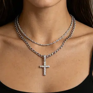 Silver Cross Necklace Men & Women - CZ Cross Pendant Layered Necklaces Waterproof Stainless Steel Link Rope Chain Silver Necklace Stack Jewelry with Gift Box