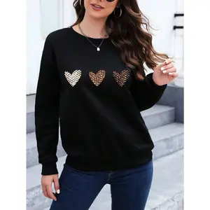 Leopard & Heart Print Drop Shoulder Sweatshirt,Long Sleeve Tops Graduation,Back To School Outfits,Graduation,Teacher Outfits For Women