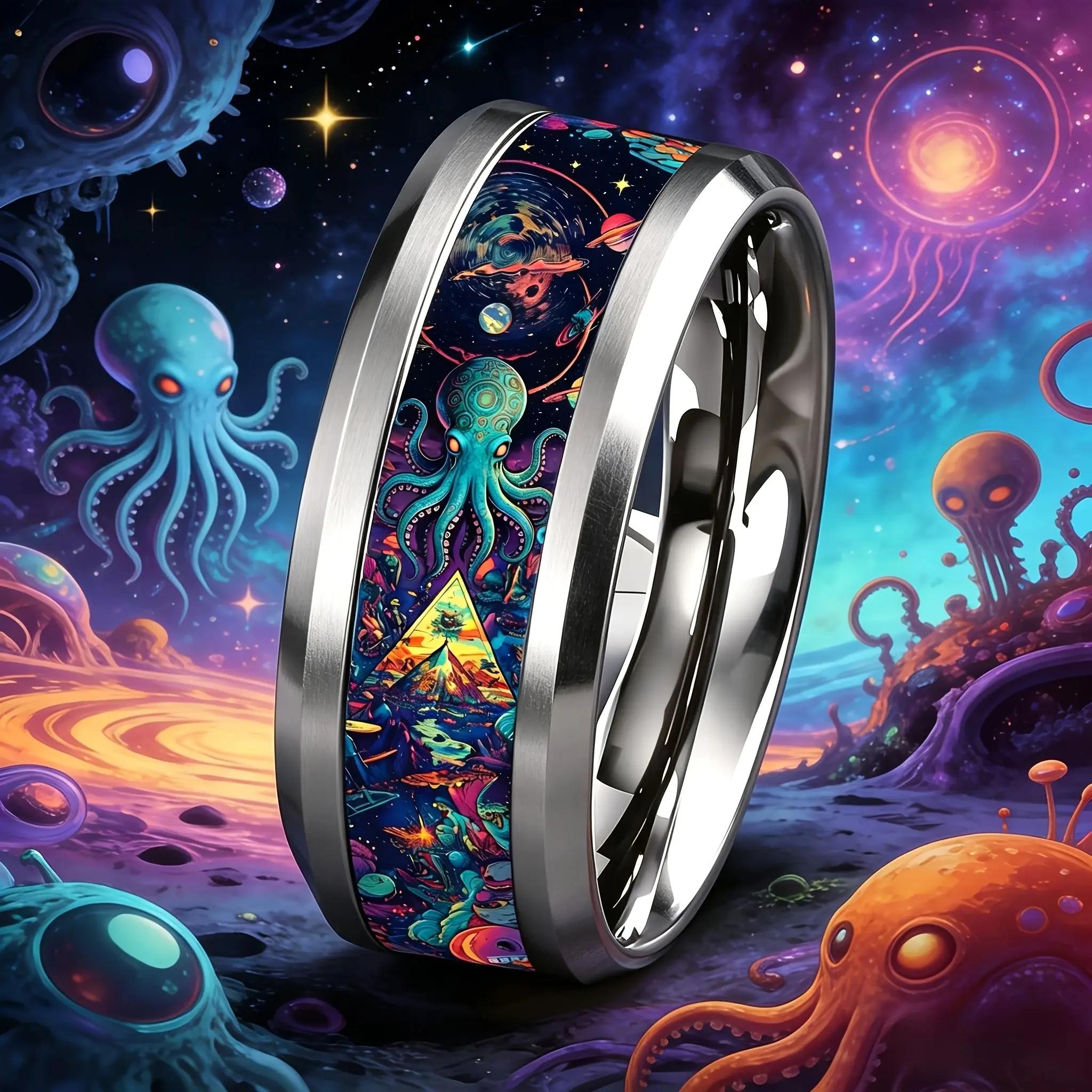Cute Ocean-Themed 8mm Men Stainless Steel Ring with Dreamy Sea Universe Octopus Pattern Inlay Rings for Teenager Wedding Jewelry